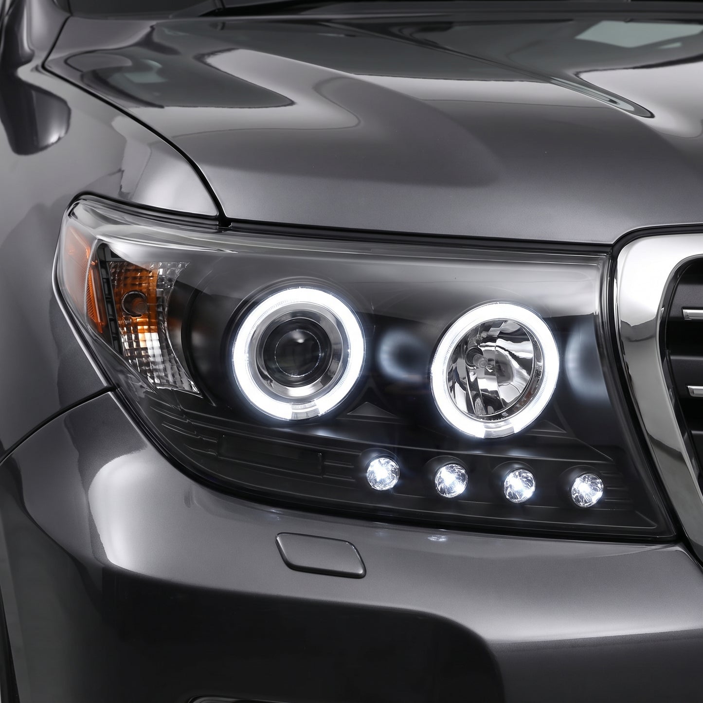 Toyota LandCruiser 200 Series LC200 / FJ200 (2007 - 2015) Black LED DRL & CCFL Angel Eyes Projector Headlights LH + RH