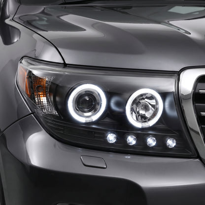 Toyota LandCruiser 200 Series LC200 / FJ200 (2007 - 2015) Black LED DRL & CCFL Angel Eyes Projector Headlights LH + RH