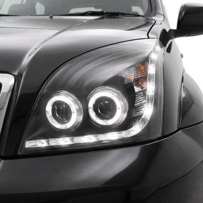 Toyota LandCruiser Prado 120 Series (2003- 2009) Angel-Eyes LED DRL Projector Headlights LH + RH installed close-up