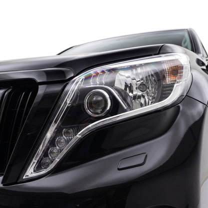 Toyota LandCruiser Prado GRJ150 / KDJ150 Series 2 (2013 - 2017) Black LED DRL Headlights LH + RH installed close-up
