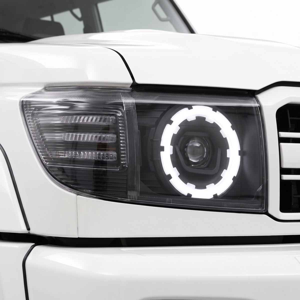 Toyota LandCruiser VDJ 70 / 76 / 78 / 79 Series (2007 - 2023) LED Halo Ring Headlights LH + RH installed close-up