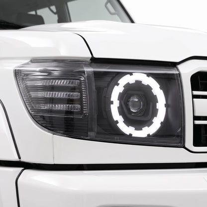 Toyota LandCruiser VDJ 70 / 76 / 78 / 79 Series (2007 - 2023) LED Halo Ring Headlights LH + RH installed close-up