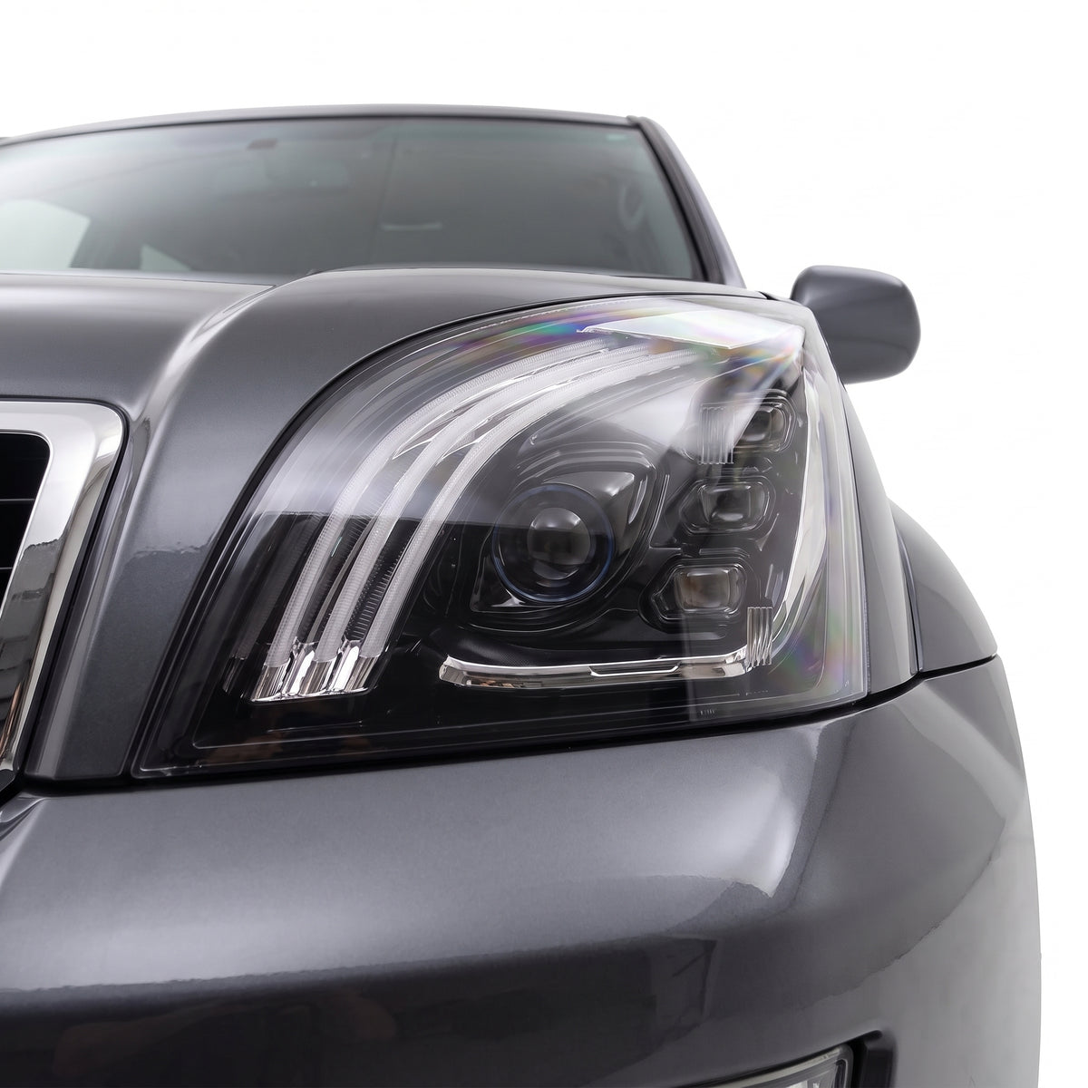Toyota Prado 120 Series All Models (2003 - 2009) Sequential Black Demon Eye LED DRL Projector Headlights LH + RH installed close-up