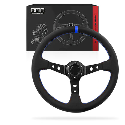 350mm Leather Red / Suede Blue / Yellow Stitching Racing 97mm Deep dish Steering Wheel