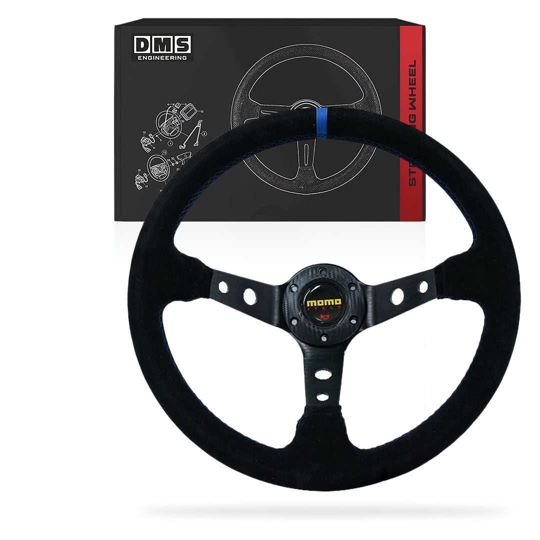 Universal GENUINE MOMO Black with Suede Blue stitching 350mm Steering Wheel
