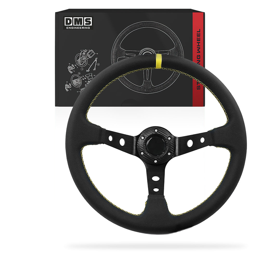 350mm Leather Red / Suede Blue / Yellow Stitching Racing 97mm Deep dish Steering Wheel