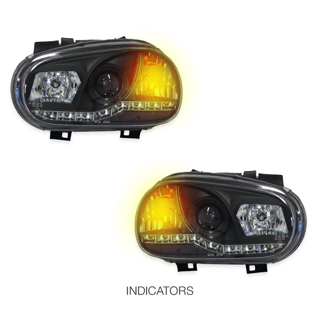 Volkswagen Golf MK4 (1999 - 2004) Black LED DRL Projector Headlights LH + RH