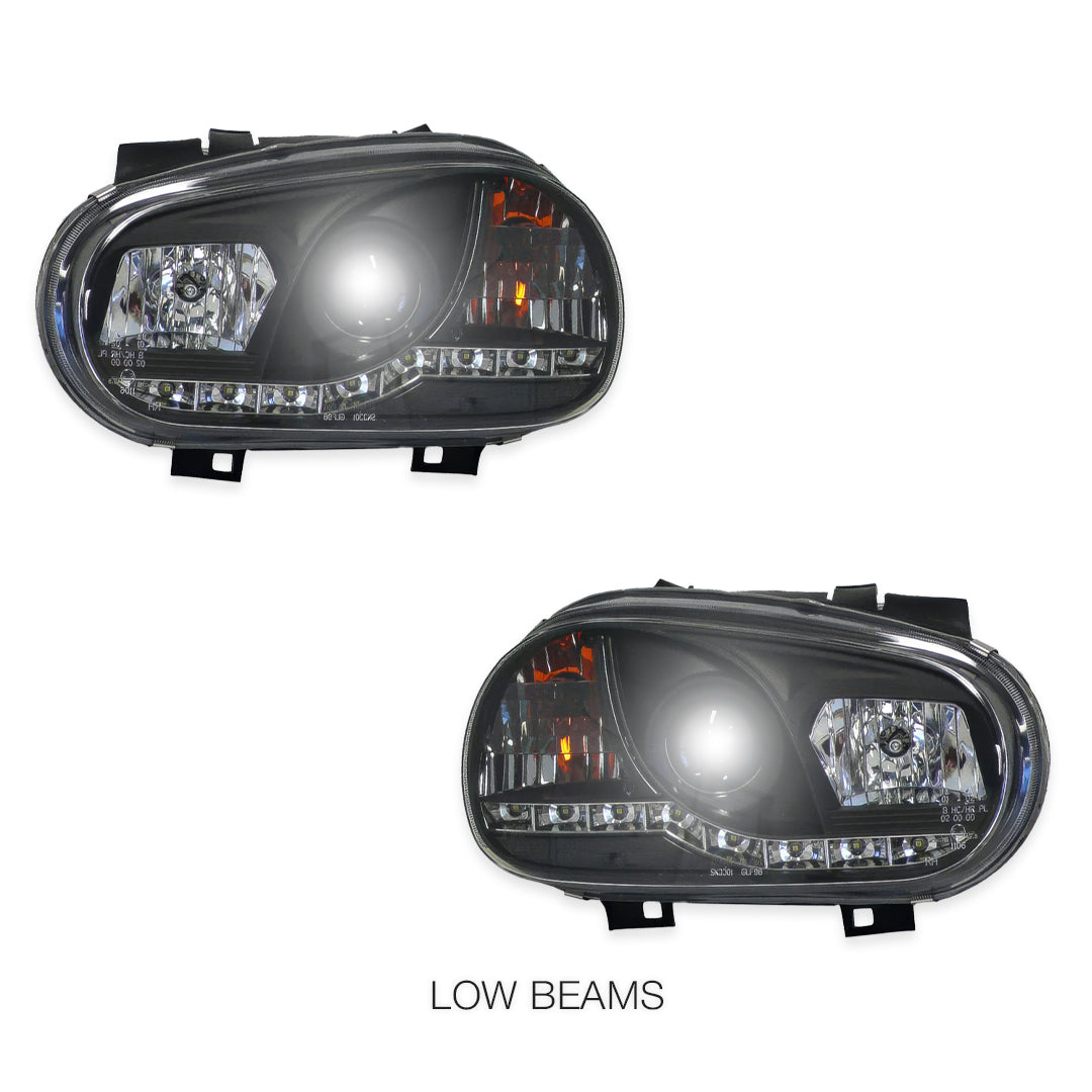 Volkswagen Golf MK4 (1999 - 2004) Black LED DRL Projector Headlights LH + RH