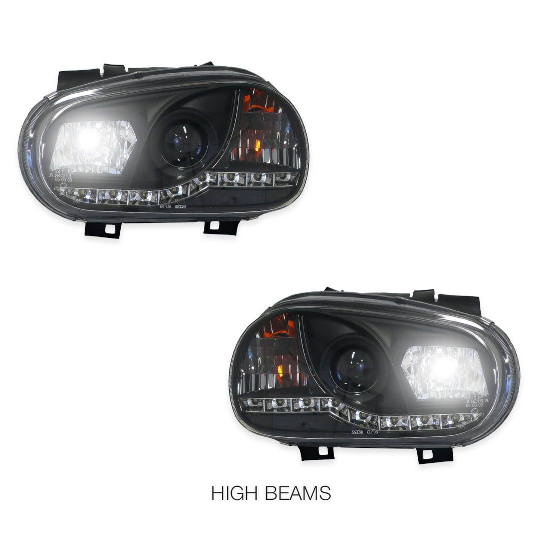 Volkswagen Golf MK4 (1999 - 2004) Black LED DRL Projector Headlights LH + RH