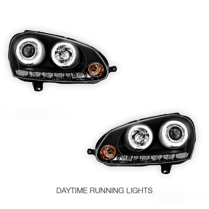 Volkswagen Golf MK5 (2004 - 2009) Black LED DRL & Angel Eyes Projector Headlights LH + RH