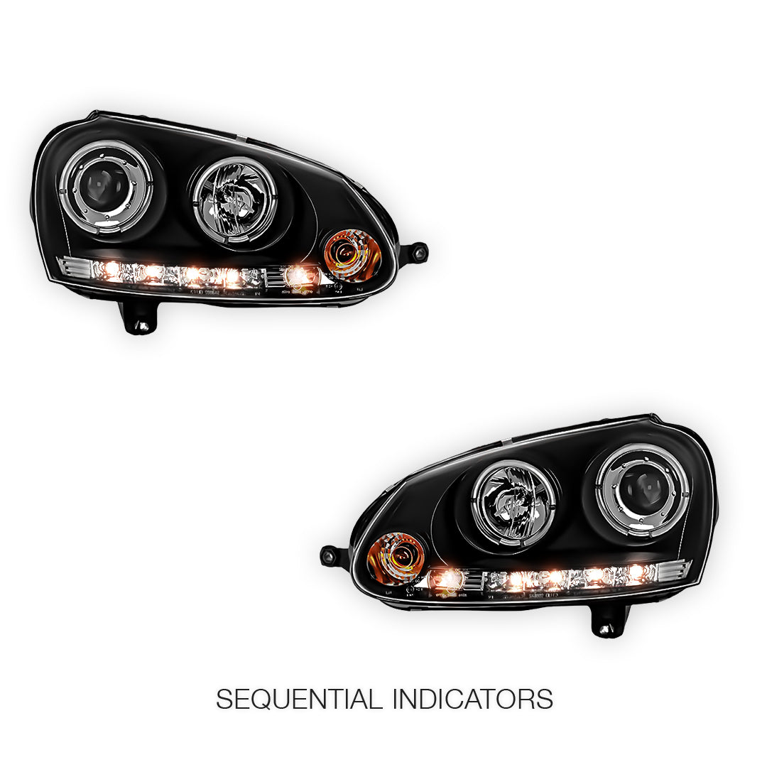 Volkswagen Golf MK5 (2004 - 2009) Black LED DRL & Angel Eyes Projector Headlights LH + RH
