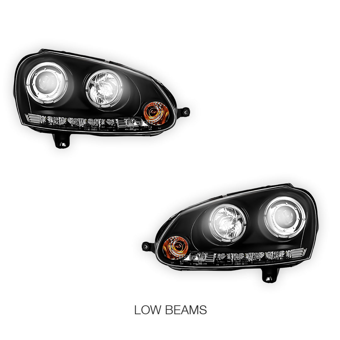 Volkswagen Golf MK5 (2004 - 2009) Black LED DRL & Angel Eyes Projector Headlights LH + RH