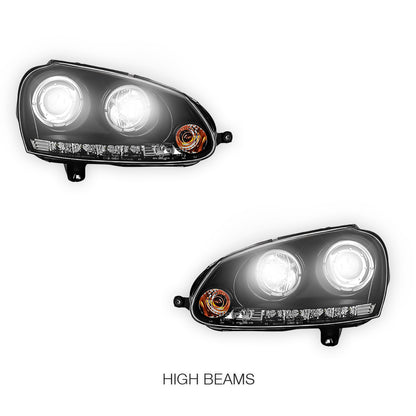 Volkswagen Golf MK5 (2004 - 2009) Black LED DRL & Angel Eyes Projector Headlights LH + RH