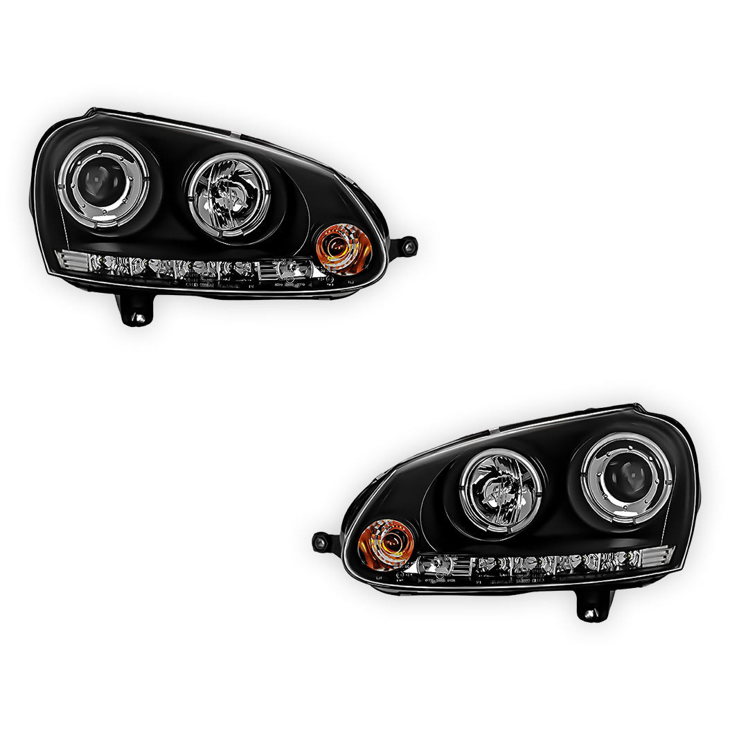 Volkswagen Golf MK5 (2004 - 2009) Black LED DRL & Angel Eyes Projector Headlights LH + RH