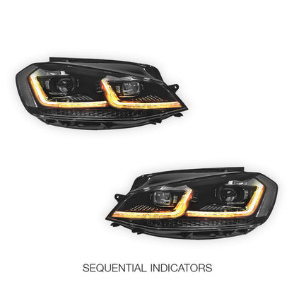 Volkswagen Golf MK7.5 (2018 - 2020) Black R Style DRL LED Projector With Sequential Indicators Headlights LH + RH