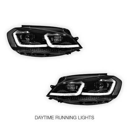 Volkswagen Golf MK7 (2013 - 2017) Black R 7.5 Style DRL LED Projector With Sequential Indicators Headlights LH + RH