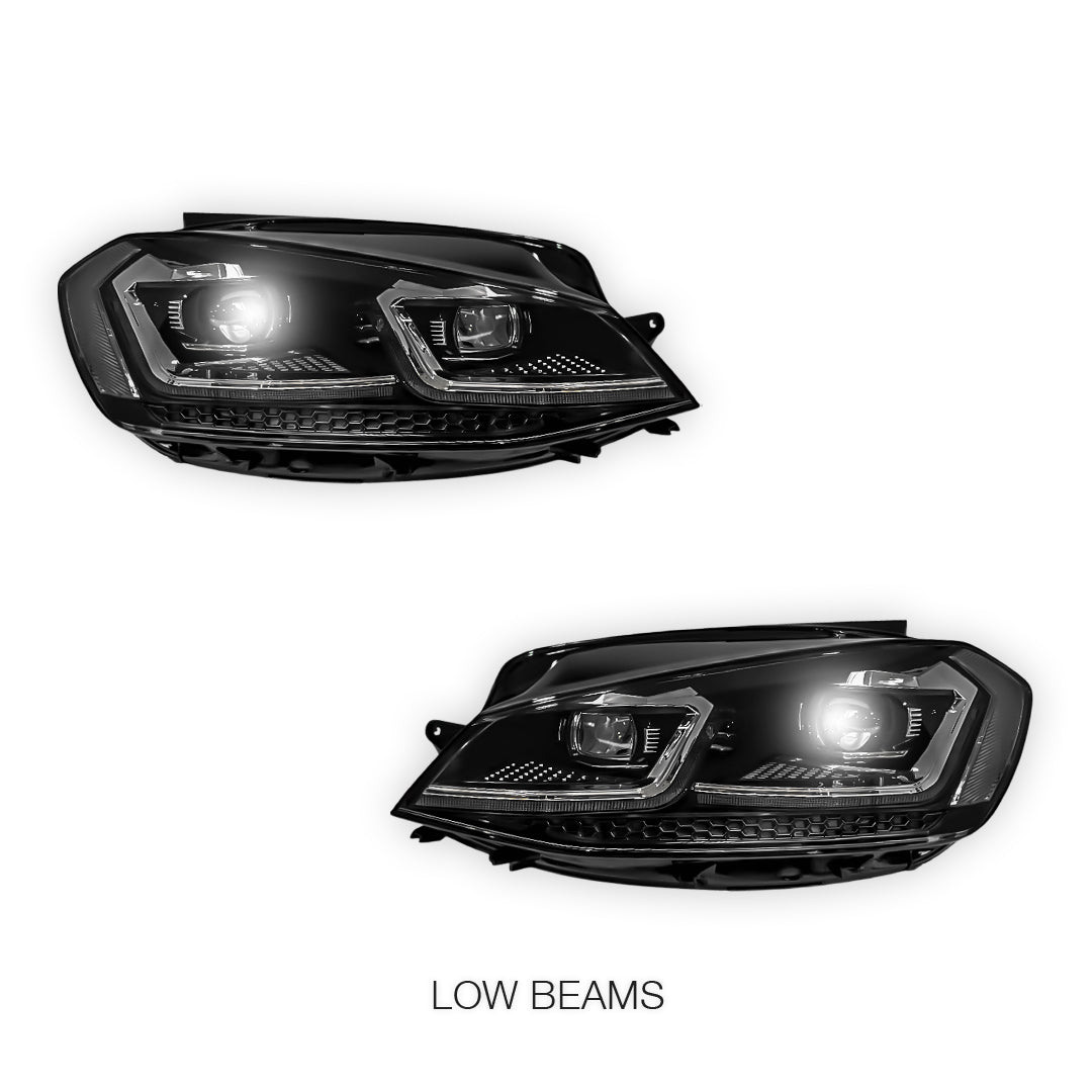 Volkswagen Golf MK7 (2013 - 2017) Black R 7.5 Style DRL LED Projector With Sequential Indicators Headlights LH + RH