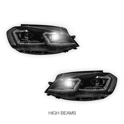Volkswagen Golf MK7 (2013 - 2017) Black R 7.5 Style DRL LED Projector With Sequential Indicators Headlights LH + RH