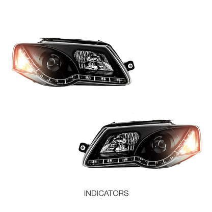 Volkswagen Passat B6 (2006 - 2010) Black DRL LED Dual Beam Projector Headlights LH + RH