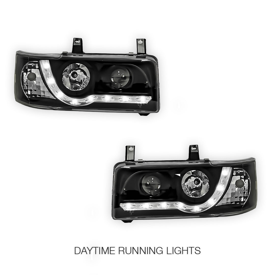 Volkswagen Transporter T4 Van (1994 - 2003) Black DRL LED Day Time Projector Headlights LH + RH