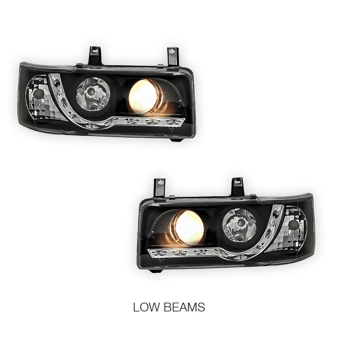 Volkswagen Transporter T4 Van (1994 - 2003) Black DRL LED Day Time Projector Headlights LH + RH