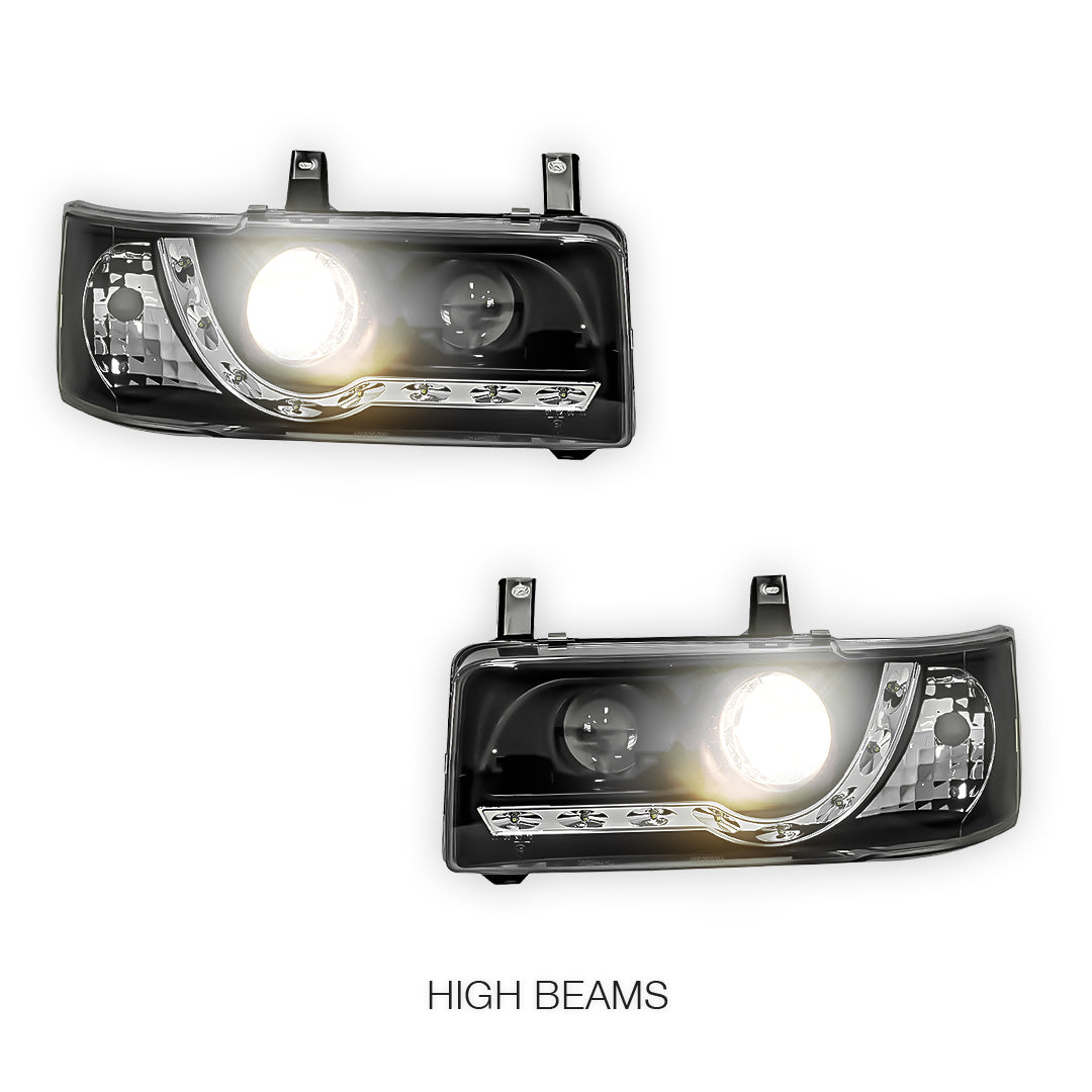 Volkswagen Transporter T4 Van (1994 - 2003) Black DRL LED Day Time Projector Headlights LH + RH