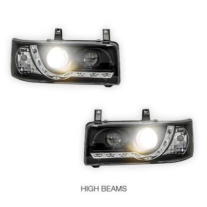 Volkswagen Transporter T4 Van (1994 - 2003) Black DRL LED Day Time Projector Headlights LH + RH