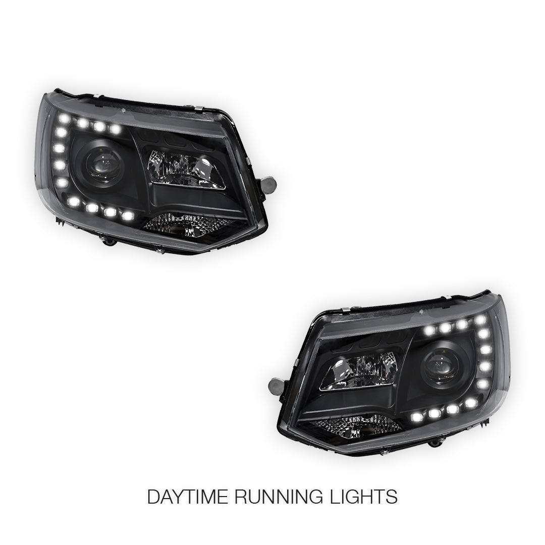 Volkswagen Transporter T5.1 (2011 - 2015) Black DRL LED Day Time Projector Headlights LH + RH