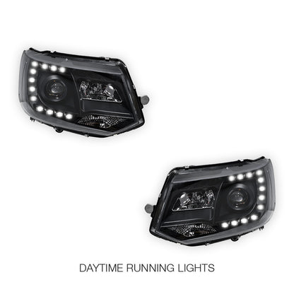 Volkswagen Transporter T5.1 (2011 - 2015) Black DRL LED Day Time Projector Headlights LH + RH