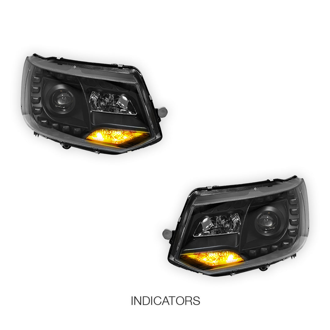 Volkswagen Transporter T5.1 (2011 - 2015) Black DRL LED Day Time Projector Headlights LH + RH