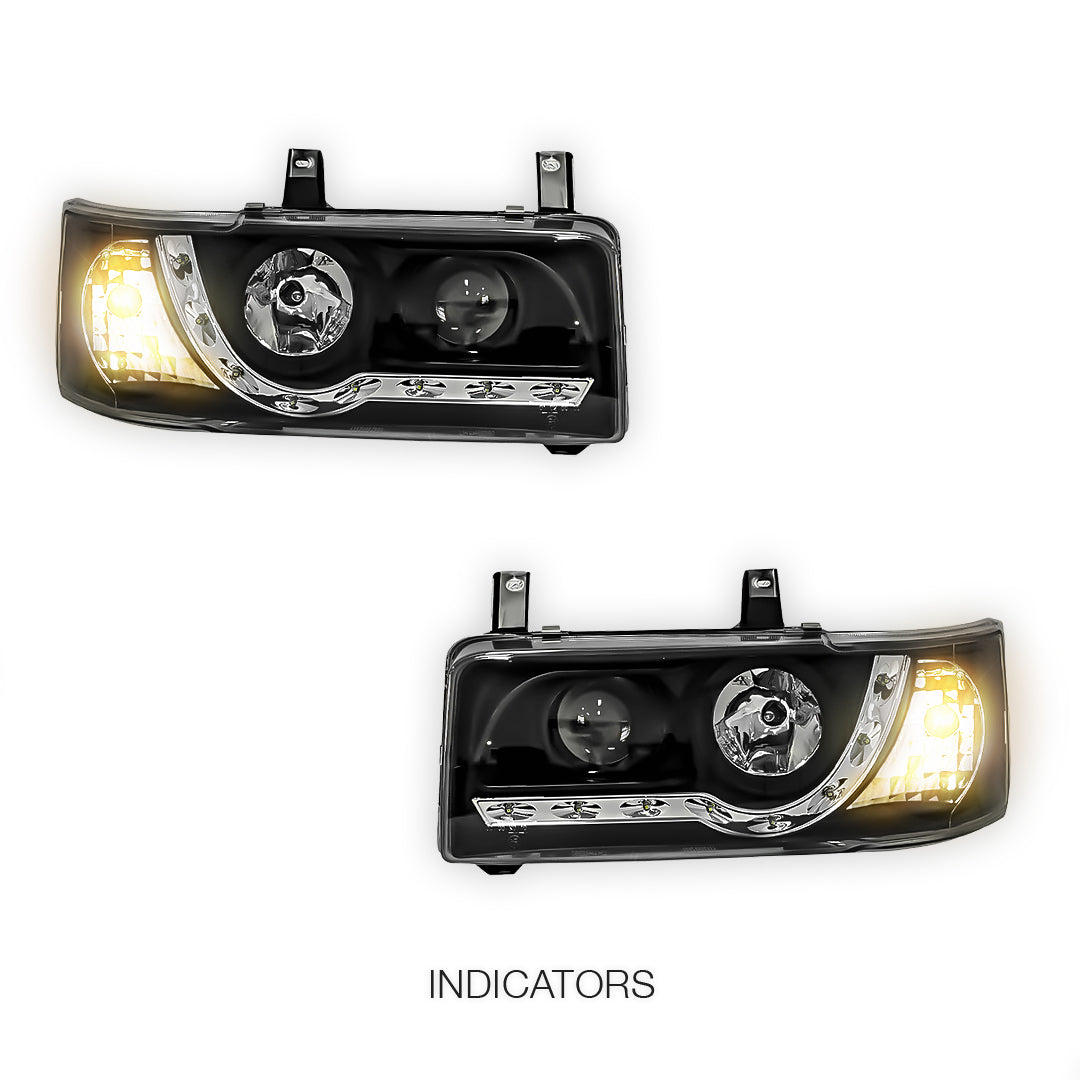 Volkswagen Transporter T4 (1994 - 2003) Black DRL LED Day Time Projector Headlights LH + RH (Copy)