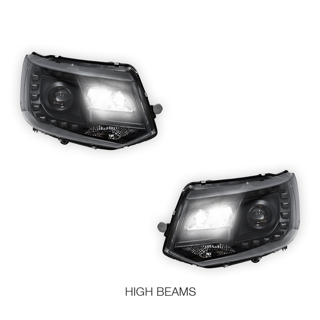 Volkswagen Transporter T5.1 (2011 - 2015) Black DRL LED Day Time Projector Headlights LH + RH