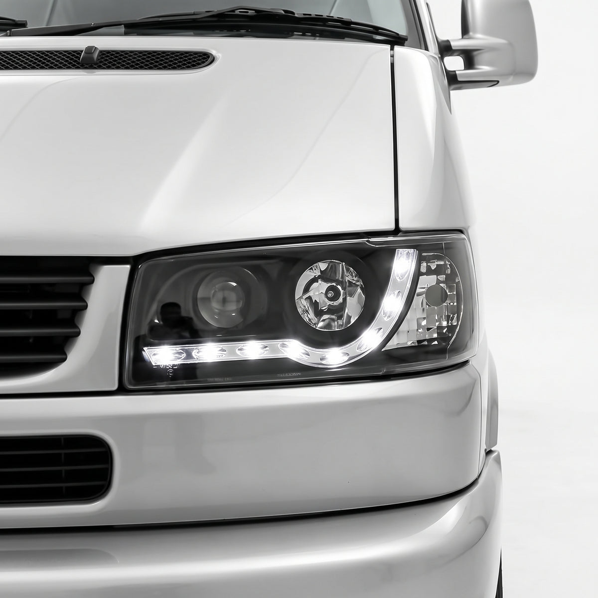 Volkswagen Transporter T4 Van (1994 - 2003) Black DRL LED Day Time Projector Headlights LH + RH installed