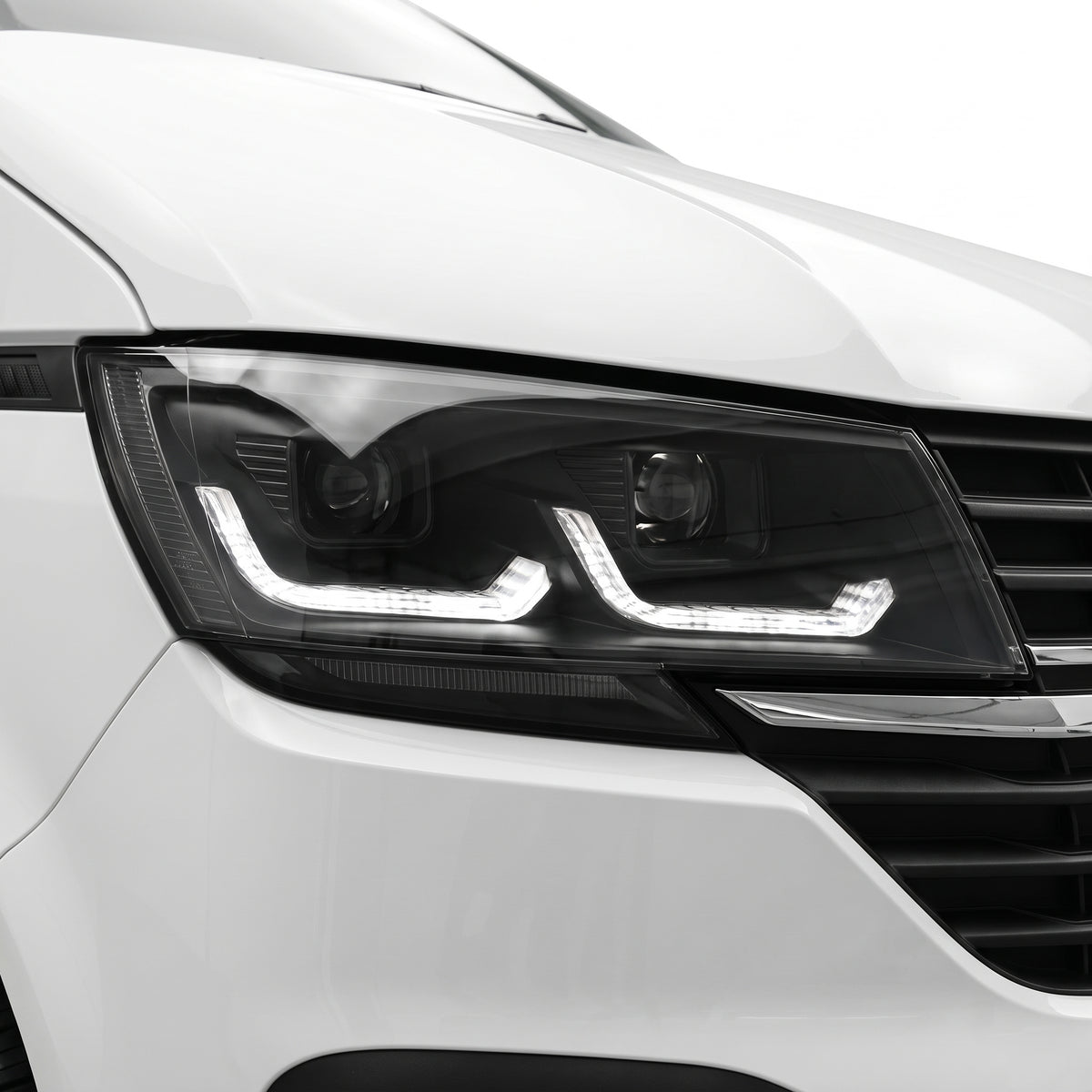 Volkswagen Transporter T6.1 (2020 - 2024) DRL LED Projector Headlights with Sequential Indicators LH + RH installed close-up