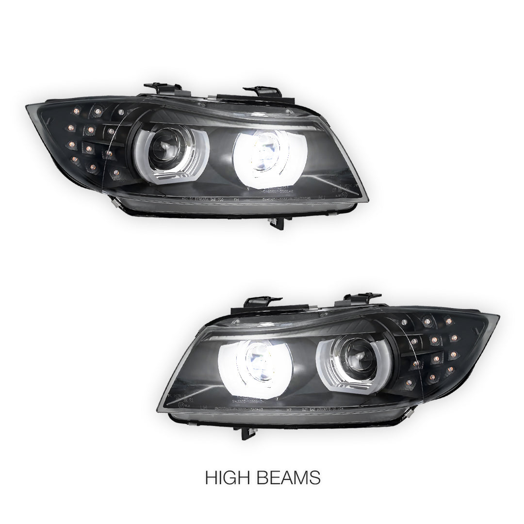 BMW 3 Series E90 / E91 (2009 - 2012) HID / Xenon Model LED 3D Angel-Eyes Projector Headlights LH + RH