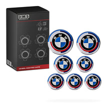 BMW 50th Anniversary 7 Pcs. Boot / Bonnet / Steering Wheel Badges & Wheel Centre Caps Complete Set