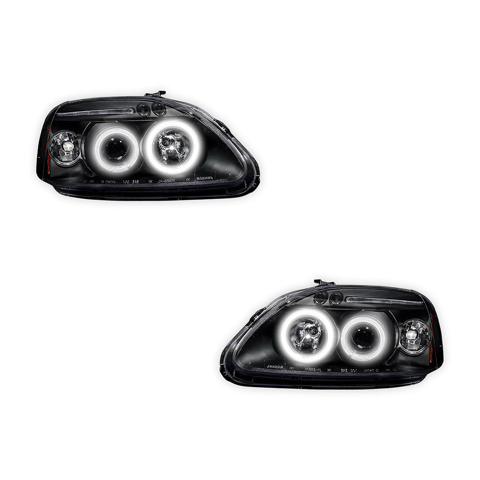 Honda Civic EK (1999 - 2000) Black LED Halo Angel Eyes Projector Headlights LH + RH