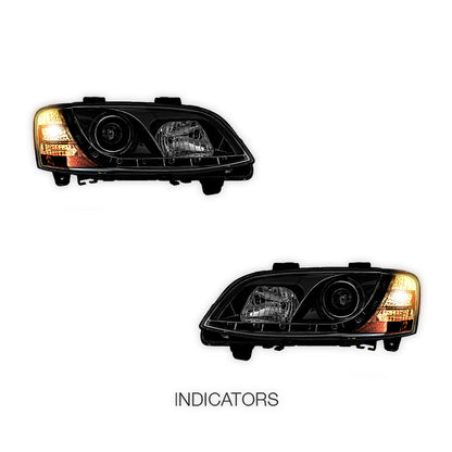 Holden Commodore VE Series 1 (2006 - 2010) Black DRL LED Projector Headlights LH + RH