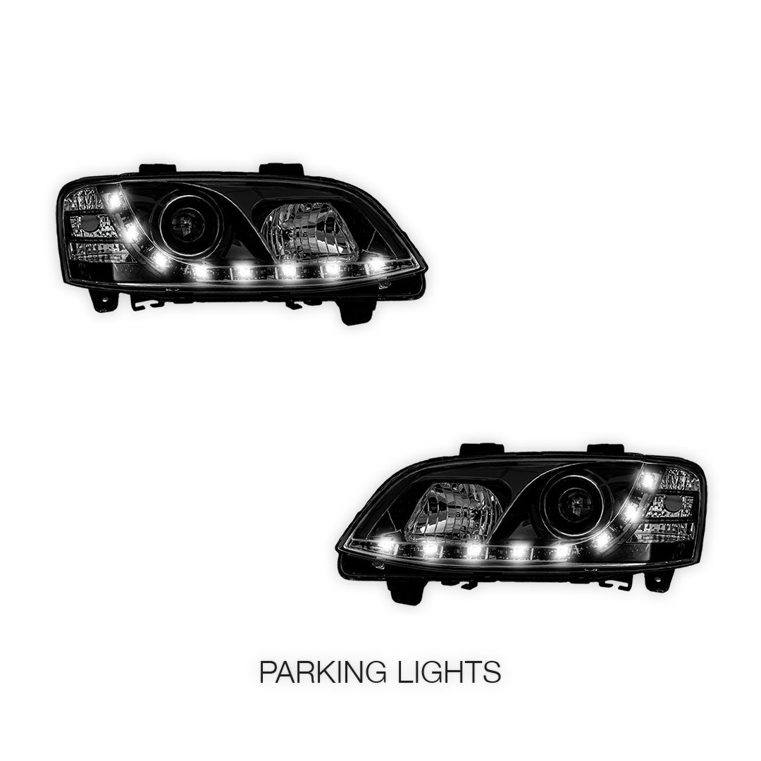 Holden Commodore VE Series 1 (2006 - 2010) Black DRL LED Projector Headlights LH + RH