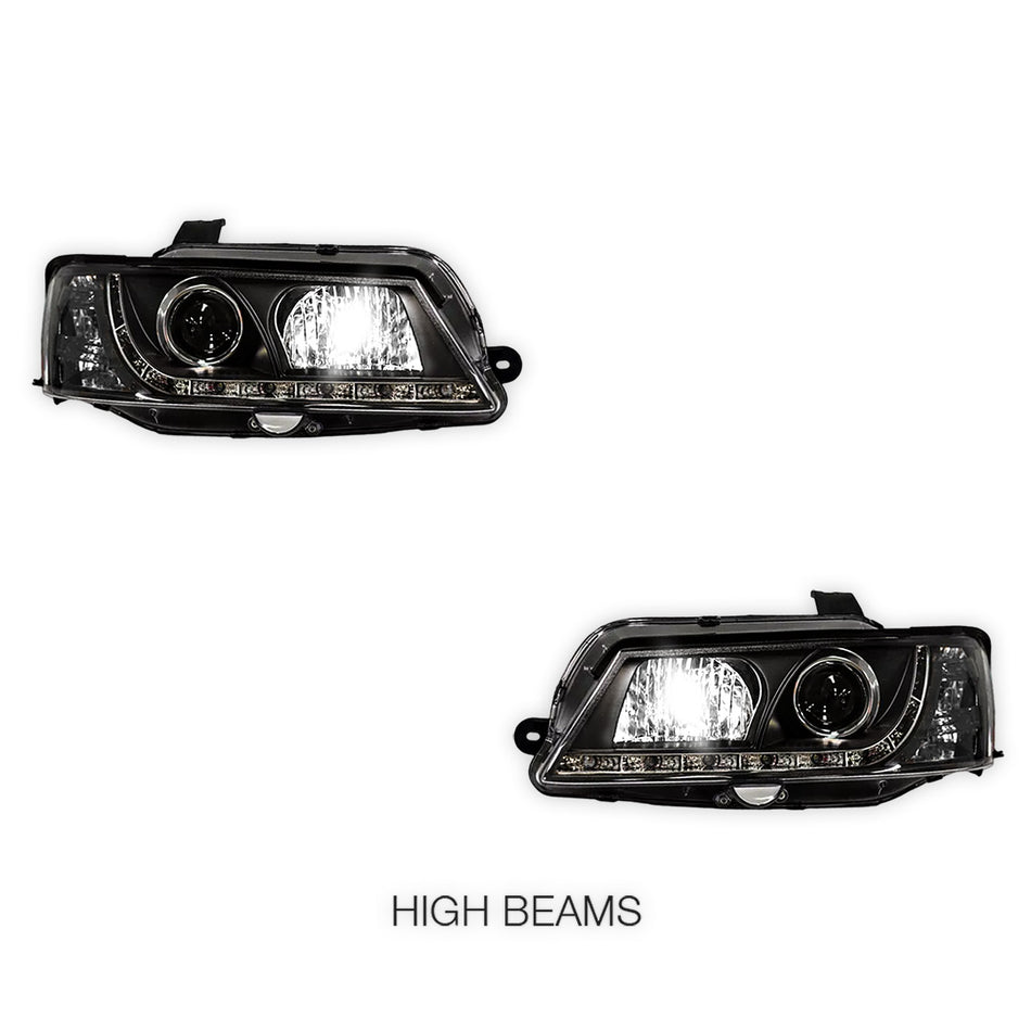 Holden Commodore VY (2002 - 2004) Black DRL LED Projector Headlights LH + RH