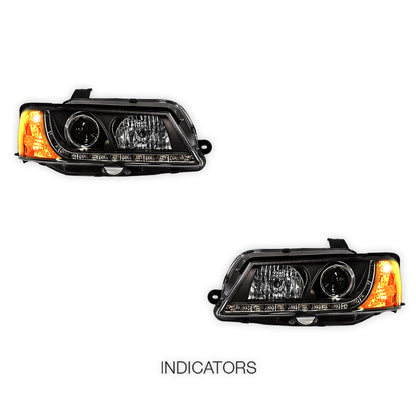 Holden Commodore VY (2002 - 2004) Black DRL LED Projector Headlights LH + RH