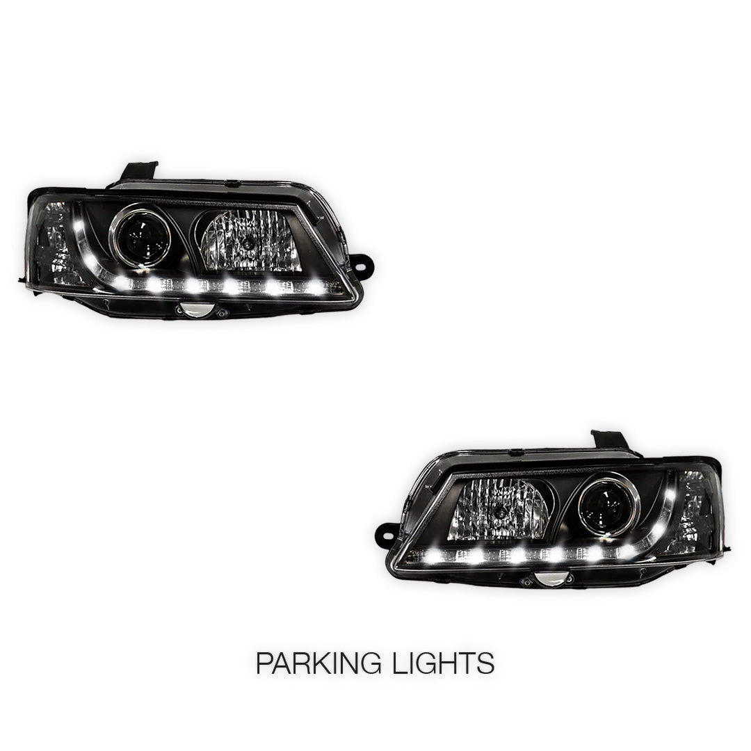 Holden Commodore VY (2002 - 2004) Black DRL LED Projector Headlights LH + RH