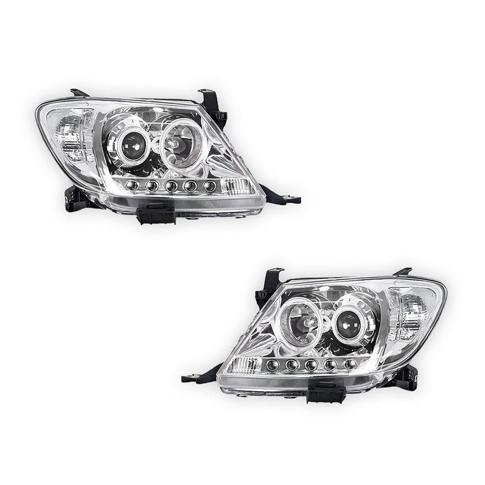 Toyota HiLux Vigo (2005 - 2010) Crystal High Power LED DRL and Halo Angel Eyes Projector Headlights LH + RH