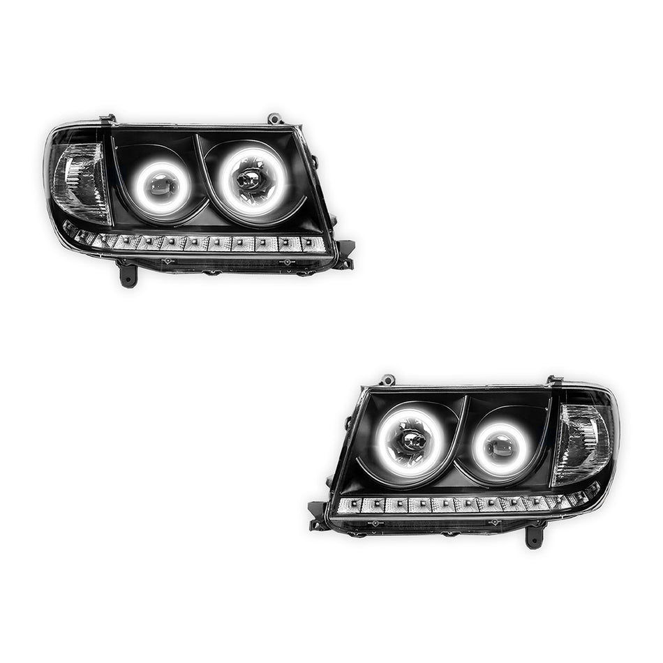 Toyota LandCruiser 100 Series (2005 - 2007) Black LED Halo Angel Eyes Headlights LH + RH