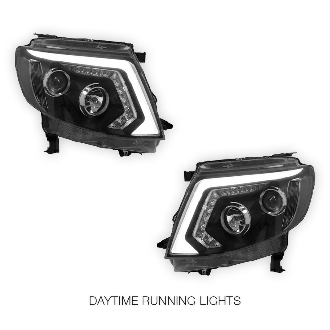Ford Ranger PX MK1 (2011 - 2015) Sequential Black DRL LED Projector Headlights LH + RH