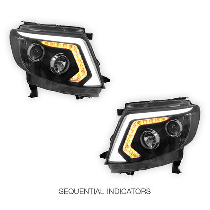 Ford Ranger PX MK1 (2011 - 2015) Sequential Black DRL LED Projector Headlights LH + RH