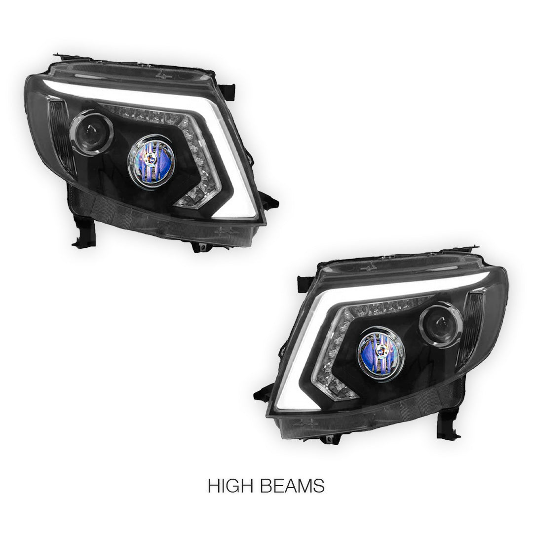 Ford Ranger PX MK1 (2011 - 2015) Sequential Black DRL LED Projector Headlights LH + RH