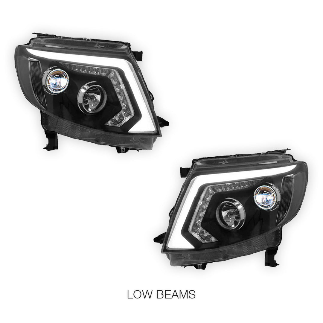 Ford Ranger PX MK1 (2011 - 2015) Sequential Black DRL LED Projector Headlights LH + RH