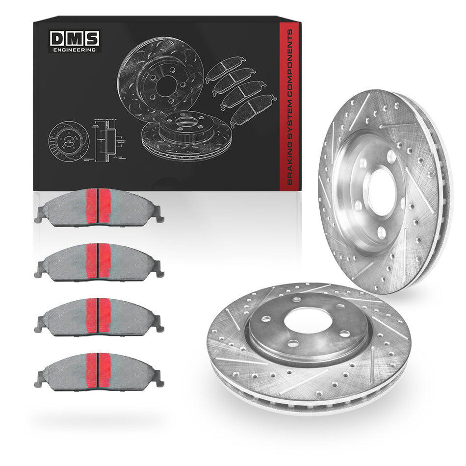 Holden Commodore VB / VC / VH / VK / VL (1978 - 1988) Rear Dimple Drilled and Slotted Brake Rotors and Brake Pads LH + RH